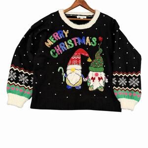 Merry Christmas Gnome Sweater Womens Sz L Black Festive Ugly Xmas 3D